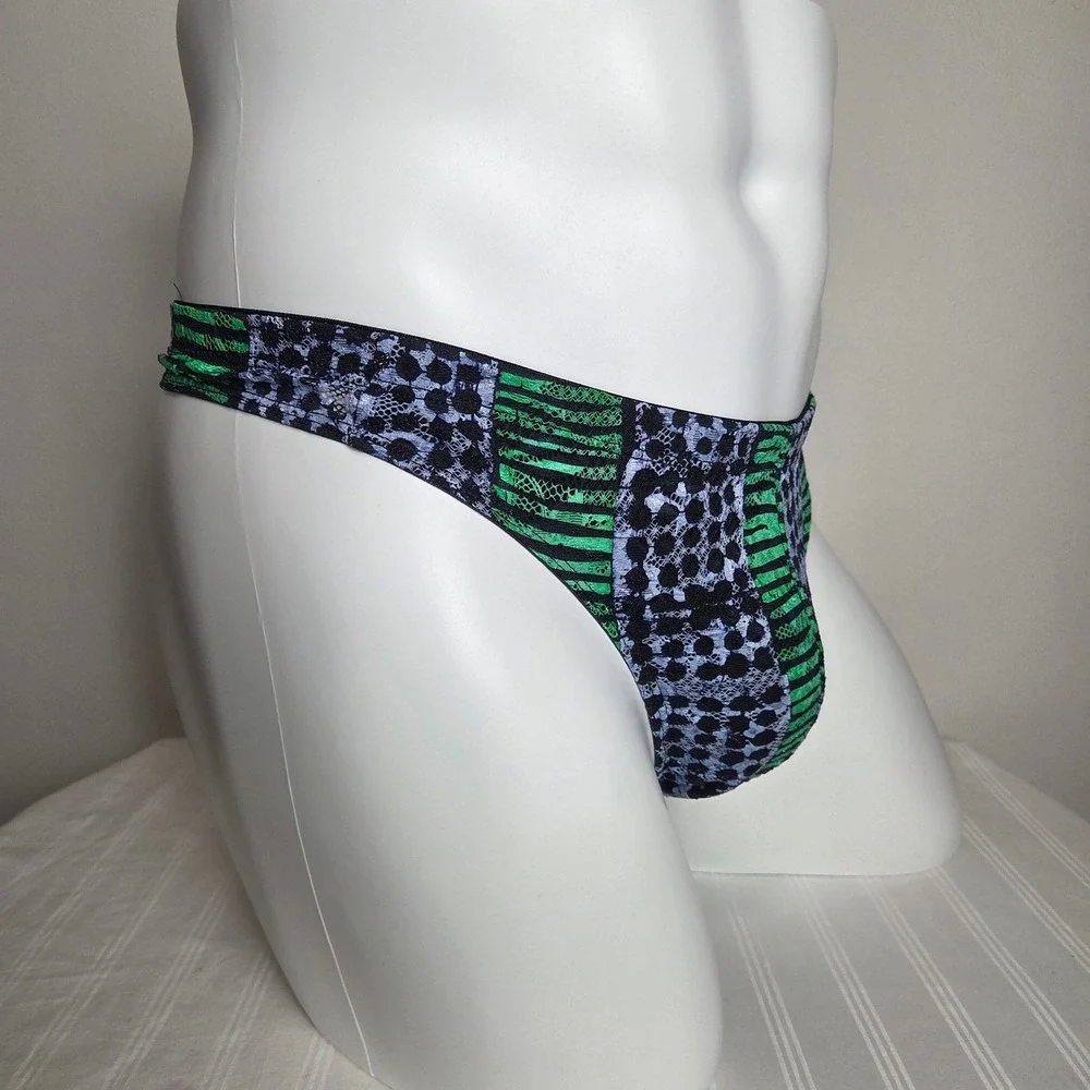 Cosabella x Studio 189 Mens Lace Thong Green Blue Geometric Print Low Rise NEW